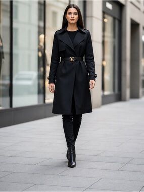 BABATON Black Lyocell Adira Trench Coat Long Sleeves Pockets Modern Quiet Luxury